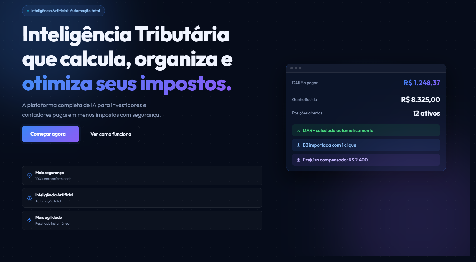 Tax AI product interface showing Brazilian tax intelligence content and a calculation dashboard